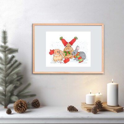 ART PRINT -WARM BUNNY EARS - A Whimsical Drawing of Bunnies - Art to Display for the Winter Season - Brighten Any Room for the Holidays - image5